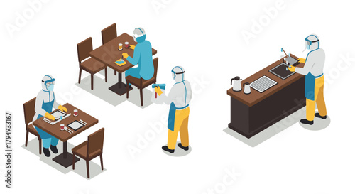 Isometric restaurant workers using protective gear for hygiene and safety