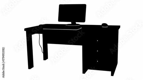 Silhouette of a computer desk with a monitor keyboard and mouse in a dark room with white background