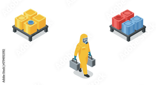Isometric hazmat worker carrying cases near industrial containers