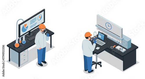 Isometric lab technicians analyzing data in modern research laboratory setting
