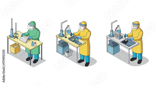 Scientists in laboratory performing experiments in isometric style