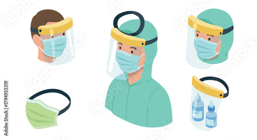 Medical protective equipment isometric style with masks and face shields