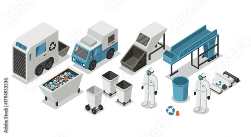 Waste management isometric set featuring recycling trucks and workers in protective gear