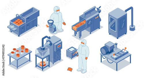 Isometric food processing facility with workers in protective gear