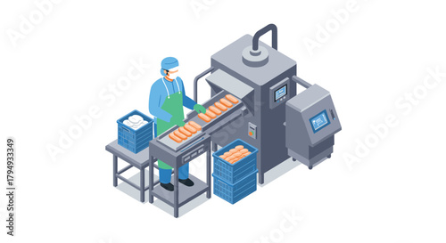 Isometric bakery production line with dough machine and worker in uniform