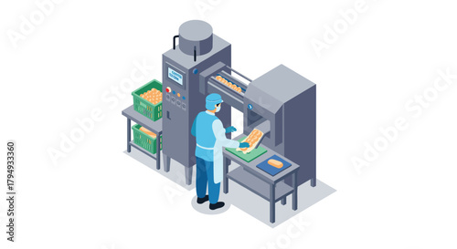Isometric bakery production line with worker operating machinery for bread processing