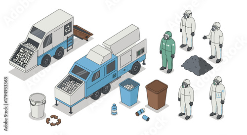 Isometric waste management scene with trucks and workers in protective gear