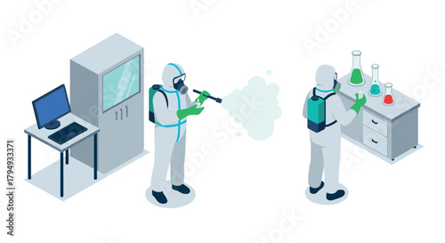 Isometric laboratory scene with scientists in protective gear performing experiments