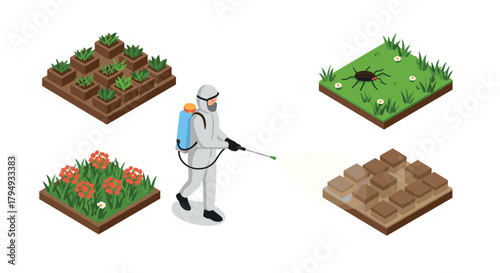 Pest control worker spraying garden isometric design for insect management