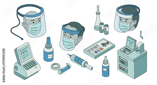 Isometric medical equipment and hygiene mask concept with vaccination supplies