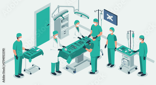 Isometric hospital operating room scene with medical professionals and surgical equipment