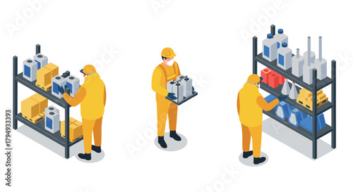 Isometric warehouse workers handling inventory and supplies on shelves