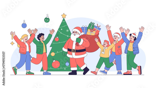 Santa's Joyful Christmas Arrival: A spirited illustration captures Santa Claus, joyfully surrounded by excited people. The festive scene features a decorated Christmas tree and presents.