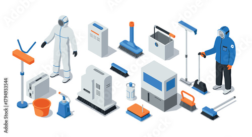 Isometric cleaning equipment protective gear and tools for industrial hygiene