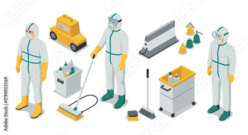 Isometric hazmat cleaners and equipment for industrial sanitation