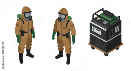 Isometric hazmat suit and decontamination unit illustration