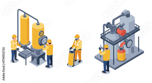 Industrial workers operating machinery in isometric factory design