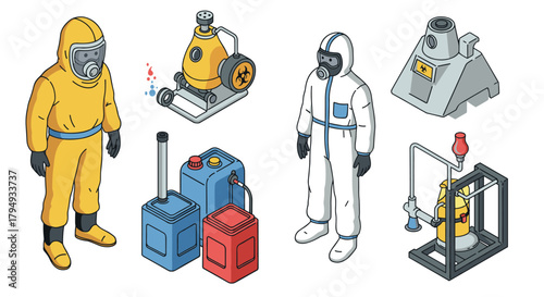 Hazmat equipment and safety gear in isometric style