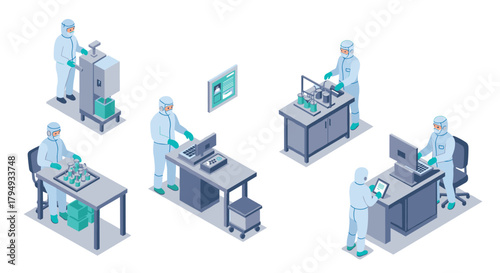 Isometric lab technicians in ppe conducting scientific research in modern laboratory