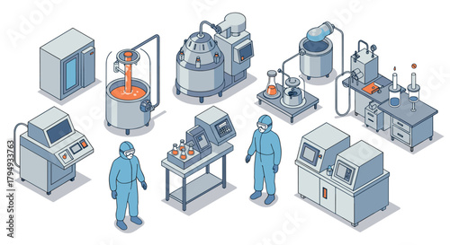 Advanced isometric laboratory equipment with scientists in protective gear