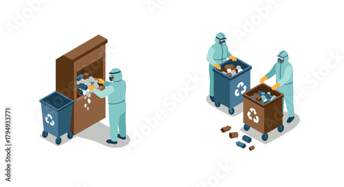 Isometric waste management workers at recycling stations