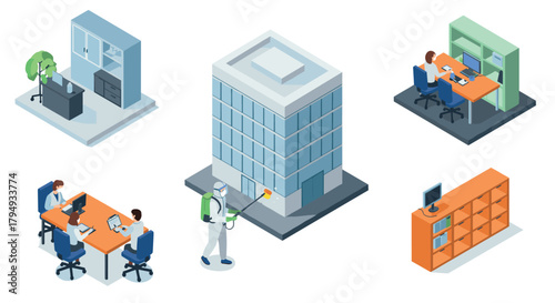 Isometric office scenes building and workspace with workers and janitor