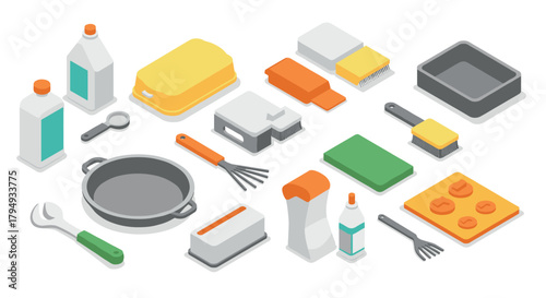 Isometric kitchen and cleaning tools set with modern design elements