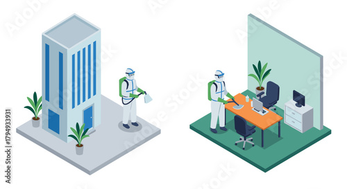 Isometric office sanitization and disinfection concept with workers in protective gear