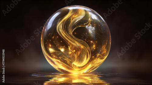 Luminous crystal orb with golden liquid and shimmering reflections inside
