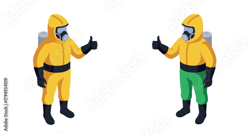 Isometric hazmat suit characters giving thumbs up