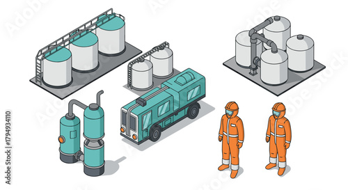 Isometric industrial elements with workers in safety gear and machinery