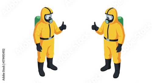 Isometric hazard suit workers communicating with thumbs up gesture