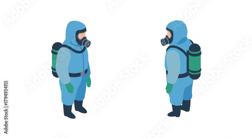 Isometric characters in hazmat suits with respirators facing each other