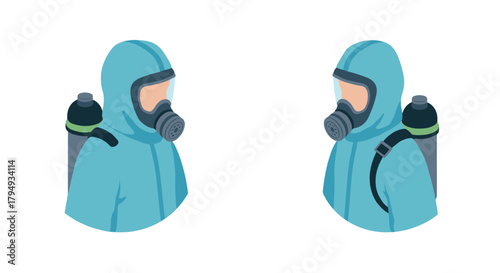 Isometric hazmat suit pair with respirator masks and oxygen tanks
