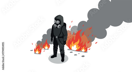 Isometric illustration of firefighter in protective gear amid flames and smoke