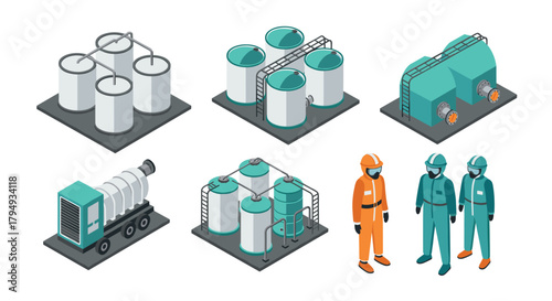 Isometric industrial equipment and worker icons for safety and construction projects