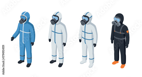 Isometric figures in protective suits and gas masks showcasing safety gear