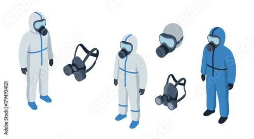 Isometric hazmat suits and respirators collection for safety and protection