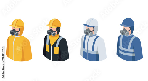 Safety gear icons isometric workers in protective equipment and respirators