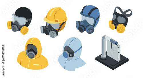 Isometric set of safety masks and laboratory equipment for industrial protection
