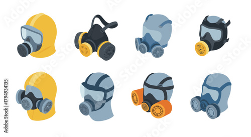 Isometric gas masks collection on head models for safety and protection