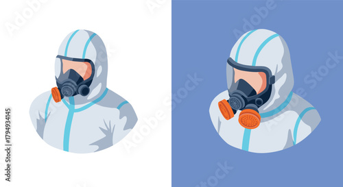 Medical protective gear isometric depiction of a person in hazmat suit with respirator