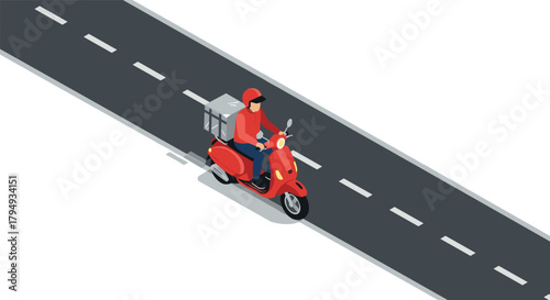 Isometric delivery rider on scooter traveling on an empty road