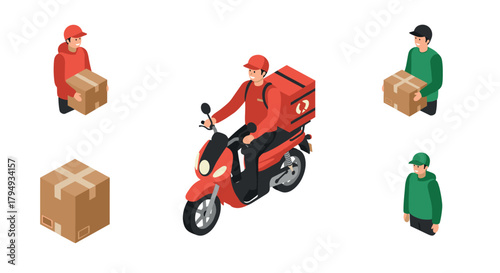 Isometric delivery service with couriers and parcel on motorcycle