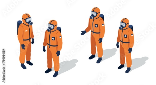 Isometric illustration of people in orange hazmat suits communicating