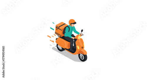 Isometric delivery service courier on orange scooter in motion