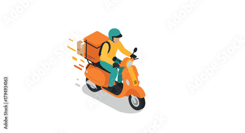 Rapid food delivery service rider on orange scooter in isometric style