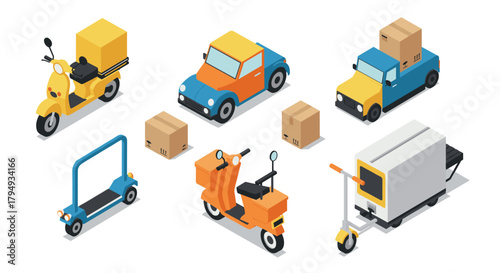 Isometric delivery vehicles and packages scooters, cars, and boxes for urban transport design