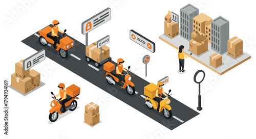Isometric delivery service scene with couriers on scooters and parcel distribution hub