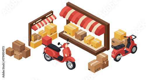 Isometric delivery scooters and parcels with storefront awning